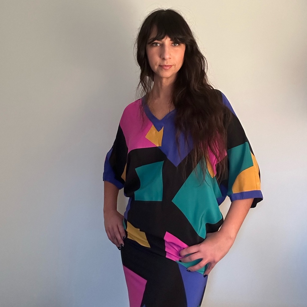 Vintage 80s Colorblock Silk Flora Kung Dress